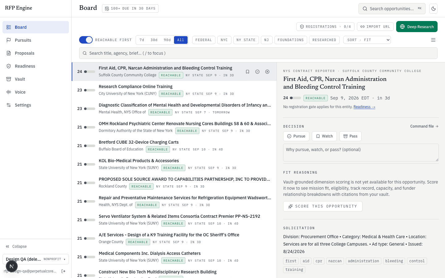 The RFP Engine Board — a ranked list of opportunities with fit scores, readiness chips, and deadlines
